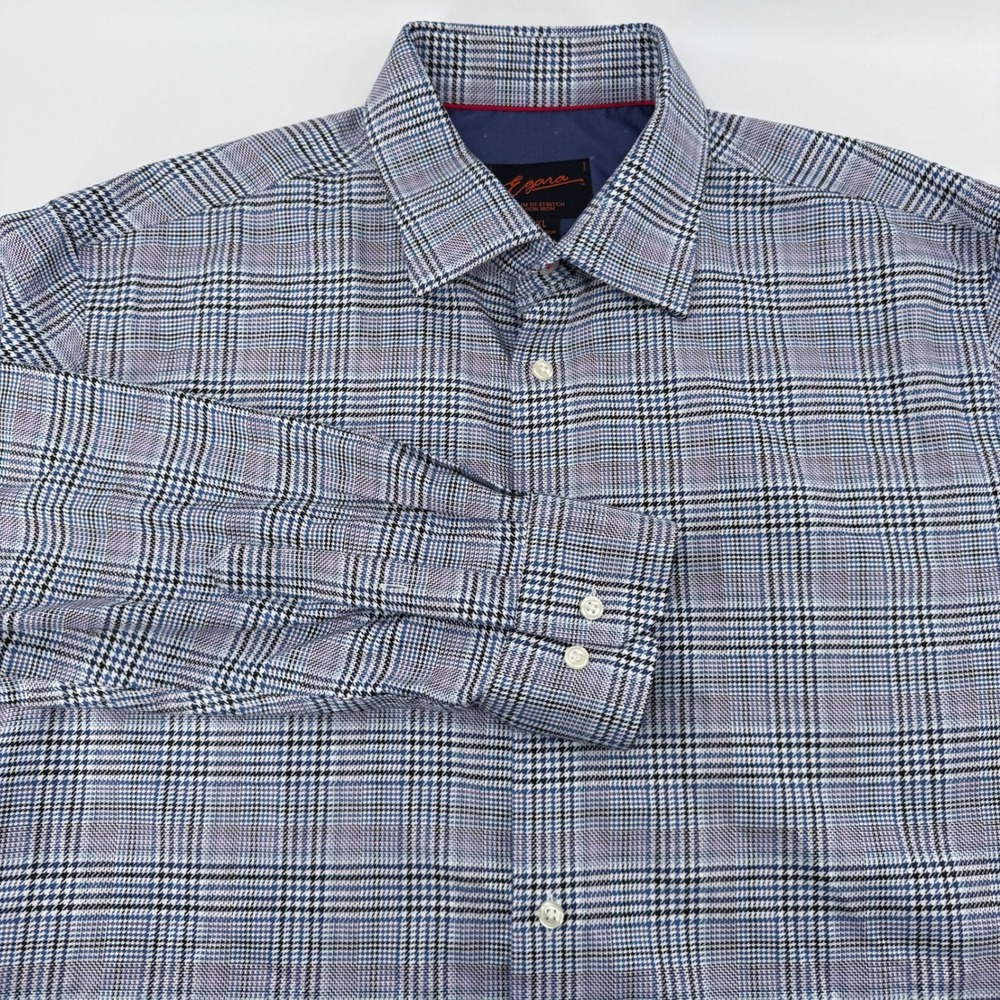 Egara Dress Shirt Mens XL Slim‎ Fit Stretch Non Iron Plaid  Blue Cotton
